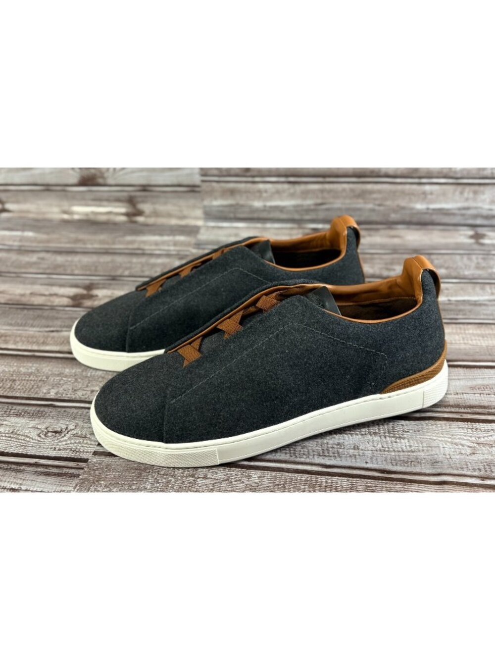Zegna Triple Stitch Sneaker Grey Wool Leather Trim size 11 US New